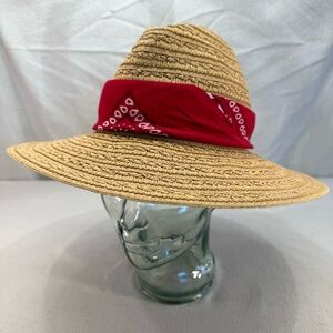 Straw Sun Hat with Red Bandana Accent